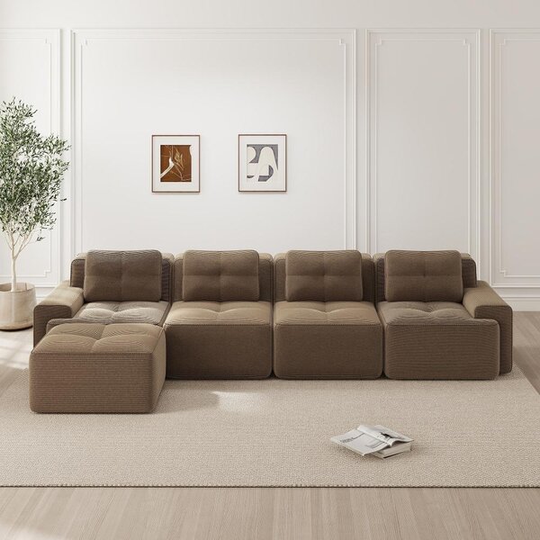 Modulární pohovka pro 4 osoby ve tvaru "L" s křeslem, hnědá pohovka s hloubkou sedu 74 cm, design s nízkým profilem, bez nutnosti montáže, rozměry 382 x 177 x 69 cm