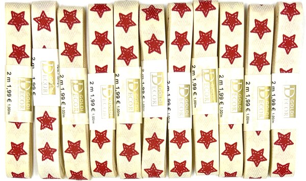 10x Stuha vánoční COTTON RIBBON STARS – NATURAL RED béžová 15mm x 2m (8,-Kč/ks)(4,-Kč/m)