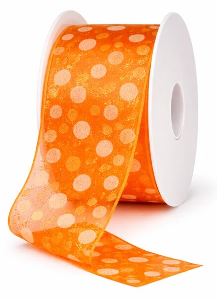 Stuha organzová SPOTS ORANGE oranžová, průsvitná 40mm x 2m (10,-Kč/m)