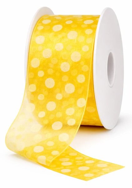 Stuha organzová SPOTS YELLOW žlutá, průsvitná 40mm x 2m (10,-Kč/m)