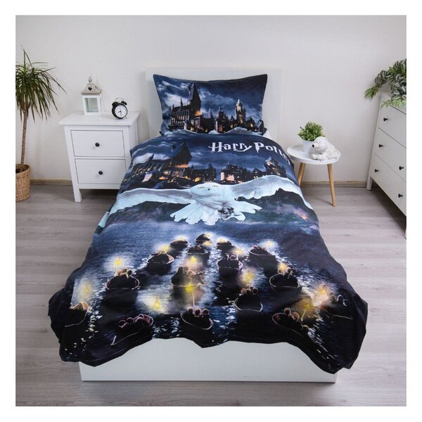 Tmavě modré/šedé dětské povlečení na jednolůžko z mikrovlákna 140x200 cm Harry Potter "Hogwarts Night" – Jerry Fabrics