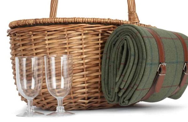 Willow Direct Britský piknikový koš OVAL GREEN TWEED proutěný pro 2 osoby