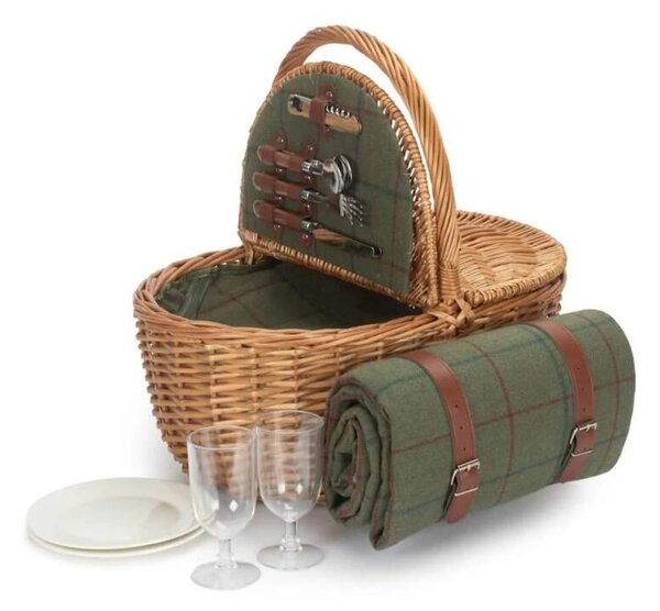 Willow Direct Britský piknikový koš OVAL GREEN TWEED proutěný pro 2 osoby