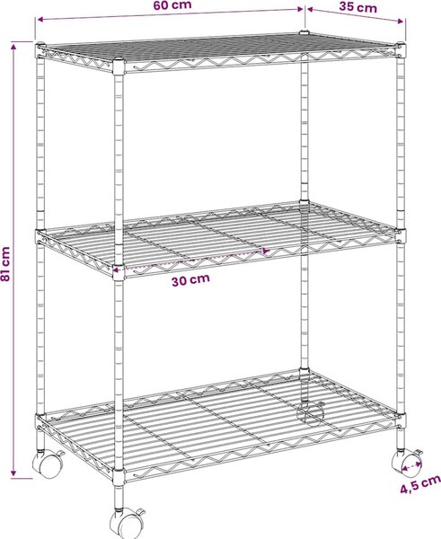 VidaXL 3patrový úložný regál na kolečkách 60 x 35 x 81 cm 150 kg [324625] Barva: Černá
