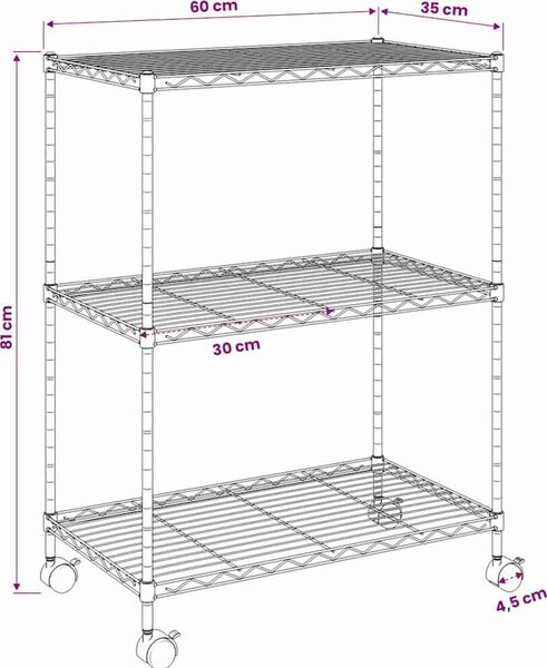 VidaXL 3patrový úložný regál na kolečkách 60 x 35 x 81 cm 150 kg [324625] Barva: Černá