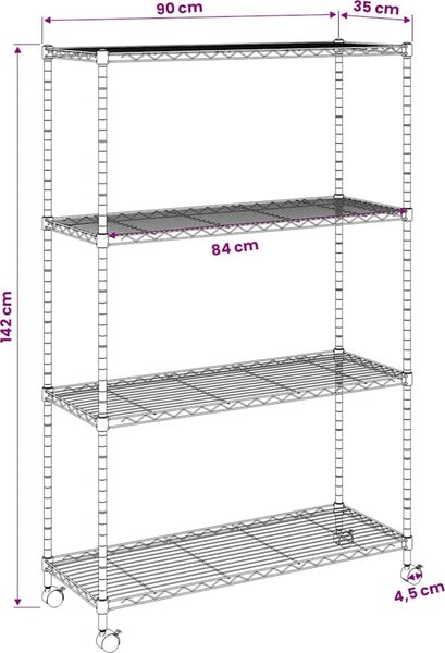 VidaXL 4patrový úložný regál na kolečkách 90x35x142 cm 200 kg [324628] Barva: Černá