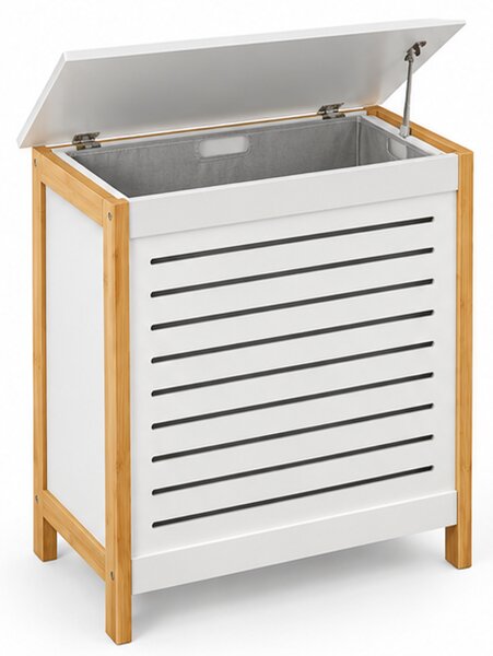 Koš na prádlo, s víkem, 80 l, bambus/dřevo, 60x50x30 cm, bílá/přírodní, Dekorino KP20260011