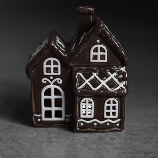 Keramický svícen Domek - Perníková chaloupka hnědý lesklý 14 cm