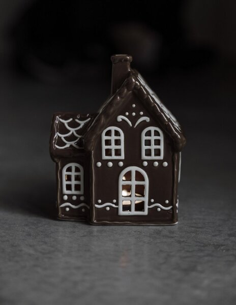 Keramický svícen Domek - Perníková chaloupka hnědý lesklý 15 cm