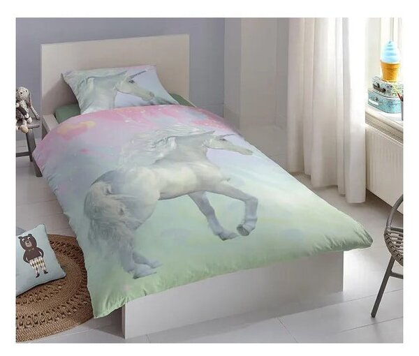 Dětské bavlněné povlečení Good Morning Green Unicorn, 140 x 200 cm