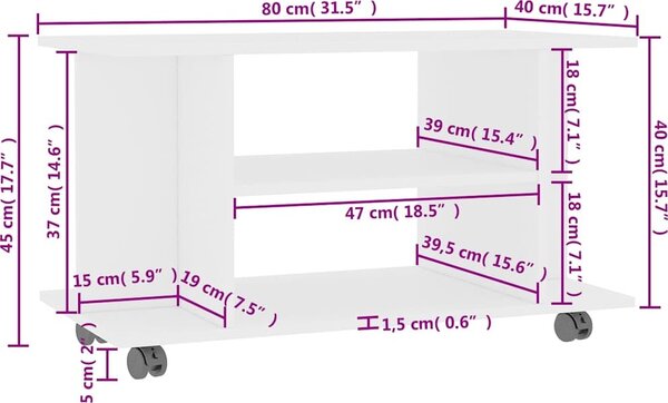 VidaXL TV stolek s kolečky 80 x 40 x 45 cm kompozitní dřevo [800193] Barva: Bílá
