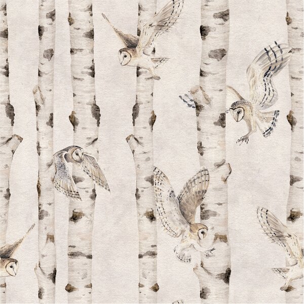 Tapeta břízy - Birch and Owls White Materiál: Digitální eko vlies - klasická tapeta nesamolepicí