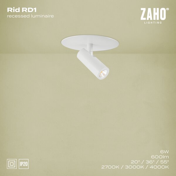 ZAHO Zapuštěné reflektorové LED svítidlo RID RD1, 6W, v. 110 mm, 55° Barva: Bílá, Teplota světla: 3000K - teplá bílá, Stmívání, řízení: ON/OFF (bez stmívání)