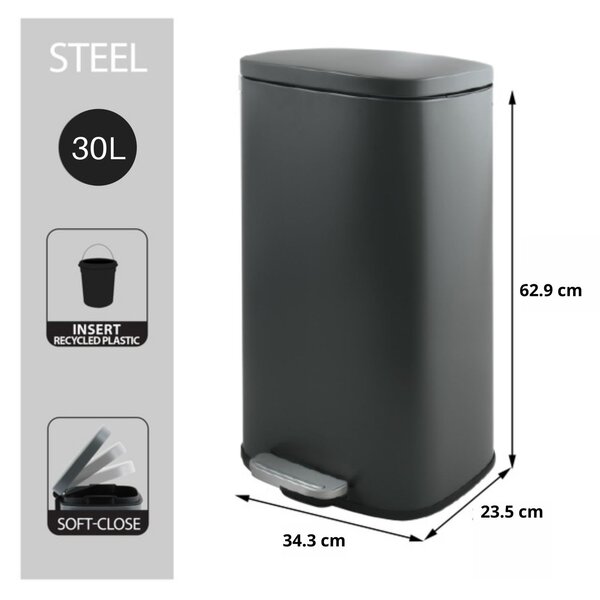 Spirella pedálový odpadkový koš AKIRA, matná šedá, ocel, soft-close, 30 L