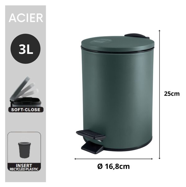 Spirella pedálový odpadkový koš ADELAR, matná tmavě zelená, ocel, 3 L