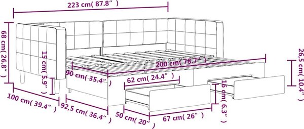 VidaXL Válenda s přistýlkou a zásuvkami 90 x 200 cm samet [3196741] Barva: Černá
