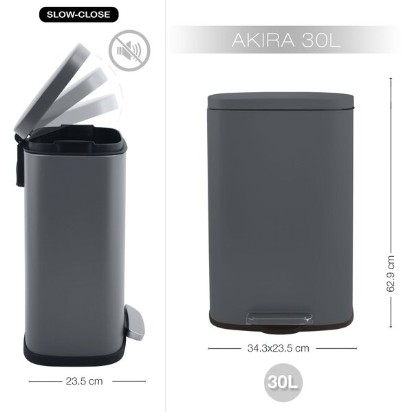 Spirella pedálový odpadkový koš AKIRA, matná šedá, ocel, soft-close, 30 L