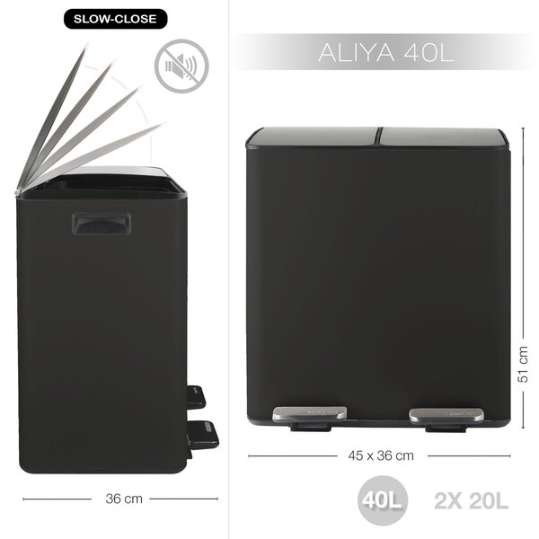 Spirella pedálový odpadkový koš na tříděný odpad ALIYA, matná černá, ocel, 2 x 20 L