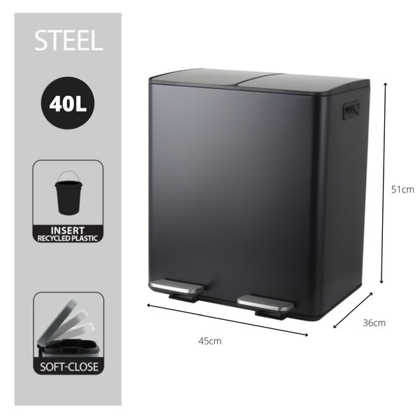 Spirella pedálový odpadkový koš na tříděný odpad ALIYA, matná černá, ocel, 2 x 20 L