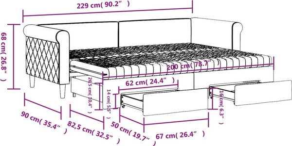 VidaXL Válenda s přistýlkou a zásuvkami 80 x 200 cm samet [3197836] Barva: světle šedá