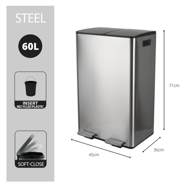 Spirella pedálový odpadkový koš na tříděný odpad ALIYA, kartáčovaná nerez ocel, 2 x 30 L