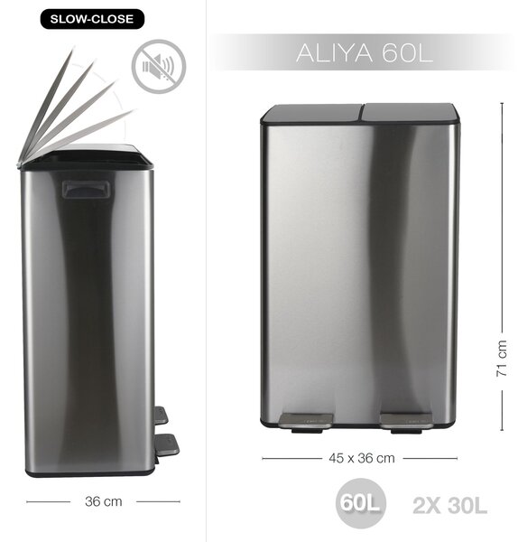 Spirella pedálový odpadkový koš na tříděný odpad ALIYA, kartáčovaná nerez ocel, 2 x 30 L