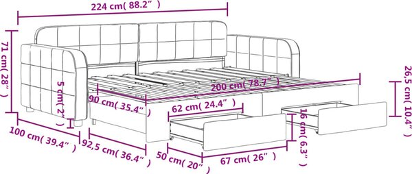 VidaXL Válenda s přistýlkou a zásuvkami 90 x 200 cm samet [3196977] Barva: Růžová