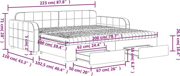 VidaXL Válenda s přistýlkou a zásuvkami 100 x 200 cm samet [3197008] Barva: Černá