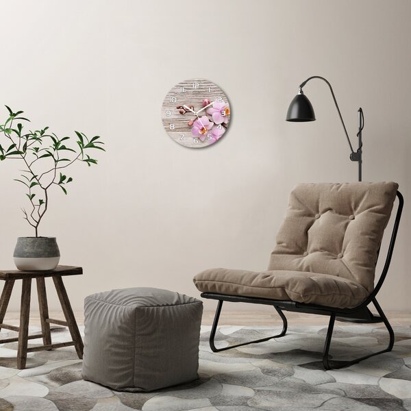 Skleněné hodiny kulaté Orchidej na dřevě pl_zso_30_f_62495656