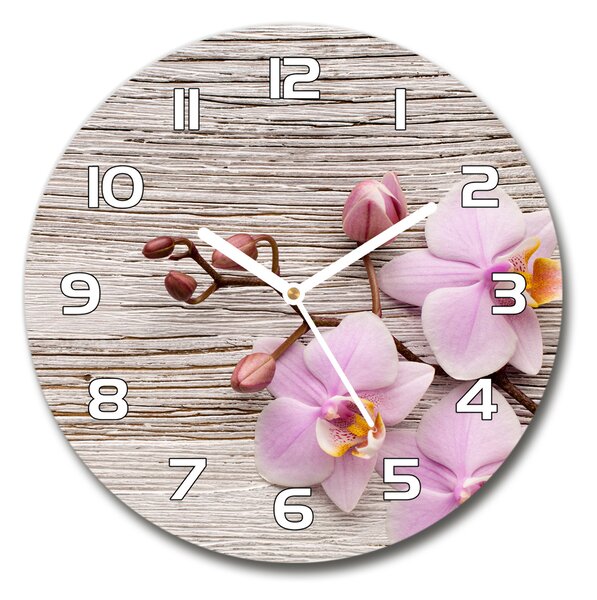 Skleněné hodiny kulaté Orchidej na dřevě pl_zso_30_f_62495656