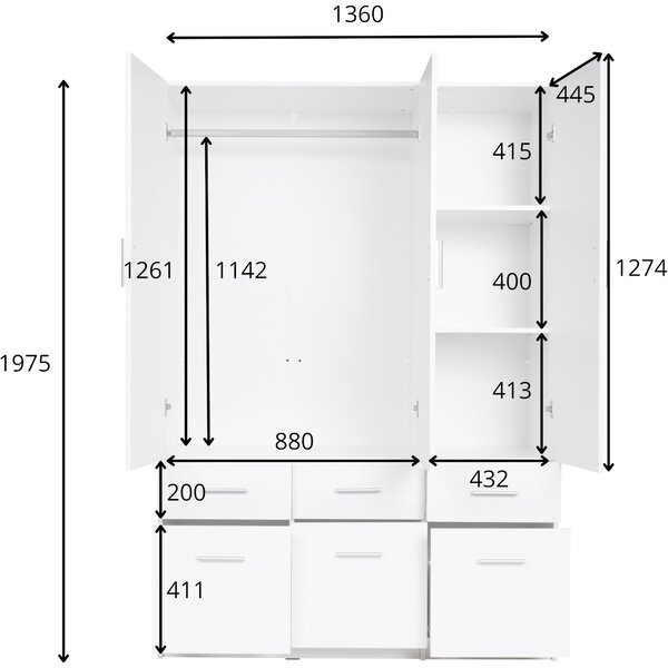 Šatní skříň 136cm PARMA 04 dub wellington / grafit