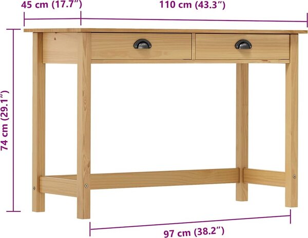 VidaXL Konzolový stolek Hill 2 zásuvky 110x45x74 cm borové dřevo [288991] Barva: Hnědá