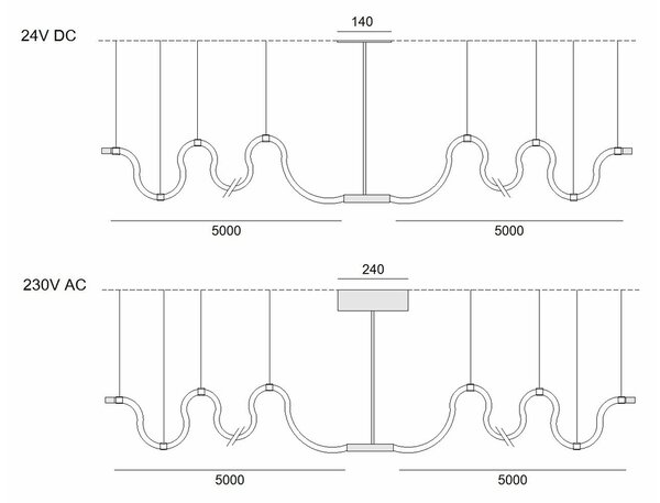 ZAHO Závěsné LED svítidlo MESMO SD2, 160W, d. 2x5000 mm Barva: Černá, Teplota světla: 3000K - teplá bílá, Stmívání, řízení: ON/OFF (bez stmívání)