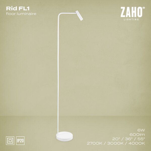 ZAHO Stojací LED lampa RID FL1, 6W, v. 1500 mm, 55° Barva: Bílá, Teplota světla: 3000K - teplá bílá, Stmívání, řízení: ON/OFF (bez stmívání)