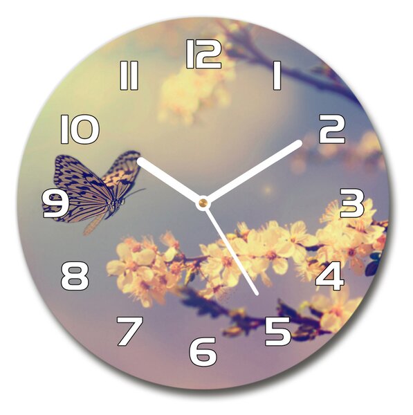 Skleněné hodiny kulaté Květ višně a motýl pl_zso_30_f_72331211