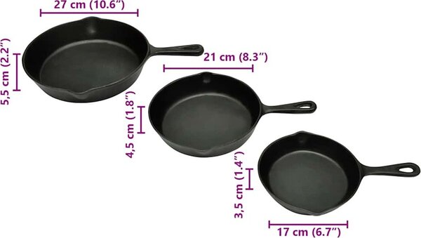 VidaXL Sada 3 BBQ litinových pánví [50122]