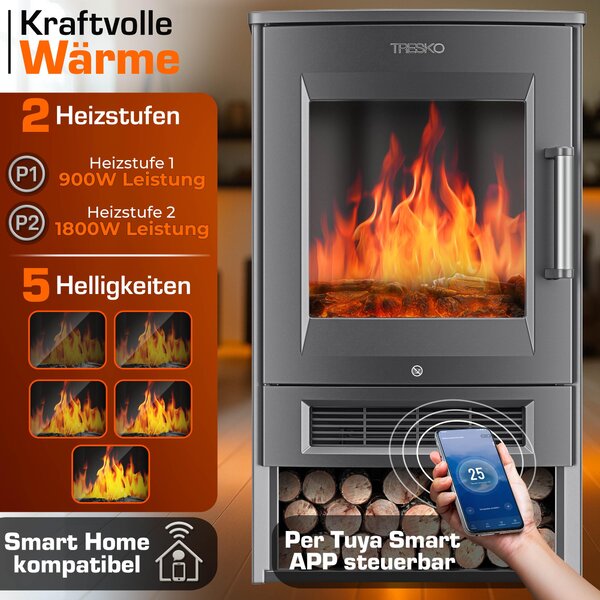 TRESKO® Elektrický krb s topením, včetně dálkového ovládání a aplikace WiFi | Elektrický krb, 1800W, LED efekt plamene, různé barevné režimy | Regulace teploty, termostat, časovač | Elektrický krb, stojací model, 2 stupně výkonu, barva antracit