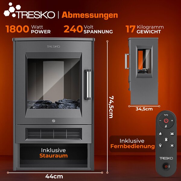 TRESKO® Elektrický krb s topením, včetně dálkového ovládání a aplikace WiFi | Elektrický krb, 1800W, LED efekt plamene, různé barevné režimy | Regulace teploty, termostat, časovač | Elektrický krb, stojací model, 2 stupně výkonu, barva antracit