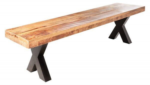 Industriální moderní lavice Steele Craft z masivního mangového dřeva hnědé barvy as černýma zkříženýma nohama 160cm