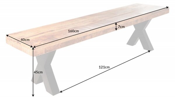 Industriální moderní lavice Steele Craft z masivního mangového dřeva hnědé barvy as černýma zkříženýma nohama 160cm
