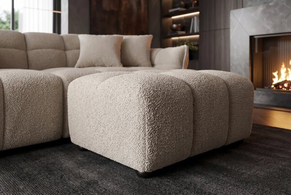 Designová moderní obdélníková taburetka Yang s buklé potahem ve světlé béžové barvě s hlubokým prošíváním 100 cm