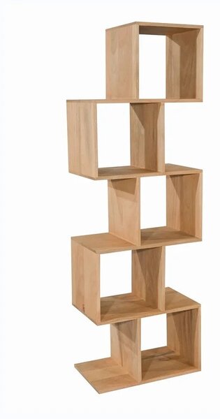 Designový moderní regál Makassar z masivního mangového dřeva ve světle hnědé barvě s pěti asymetrickými policemi 150 cm