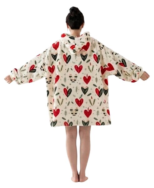 Beránková mikinová deka s rukávy a kapucí WINTER HEARTS, barevná