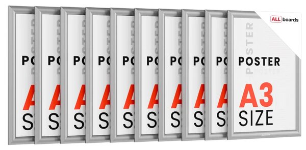 Plakátový rám A3 – Uzamykatelný stříbrný Klip rám - sada 10 kusů, KPL10_FRAME_A3S