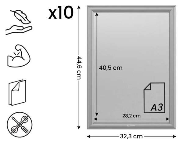 Plakátový rám A3 – Uzamykatelný stříbrný Klip rám - sada 10 kusů, KPL10_FRAME_A3S