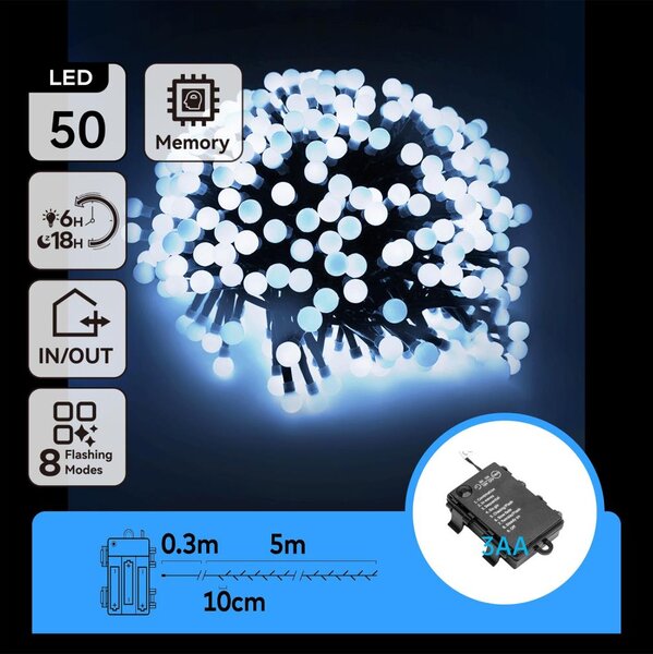 Aigostar -LED Venkovní řetěz 50xLED/8 funkcí 3xAA 5,3m IP44 studená bílá