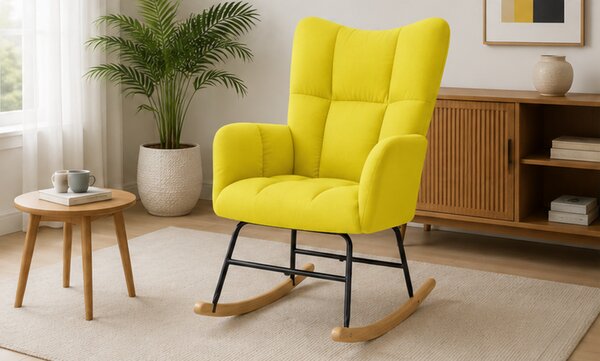 Relaxační křeslo, houpací, dřevo/kov/textil, 96x62x79 cm, nohy světlé/žlutá, Dekorino KR20260135