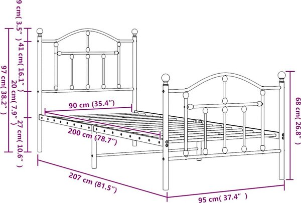 VidaXL Kovový rám postele s hlavovým a nožním čelem 90 x 200 cm [353499] Barva: Černá