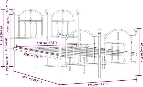 VidaXL Kovový rám postele s hlavovým a nožním čelem 120 x 200 cm [353455] Barva: Bílá
