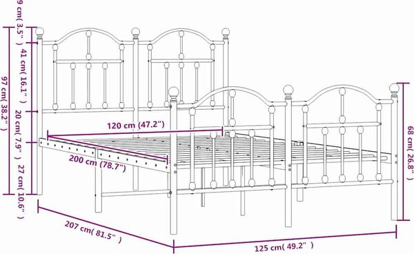 VidaXL Kovový rám postele s hlavovým a nožním čelem 120 x 200 cm [353455] Barva: Bílá